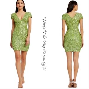 NWT Dress the Population Zoe Sequin Mini Dress Green Small Bodycon V-Neck